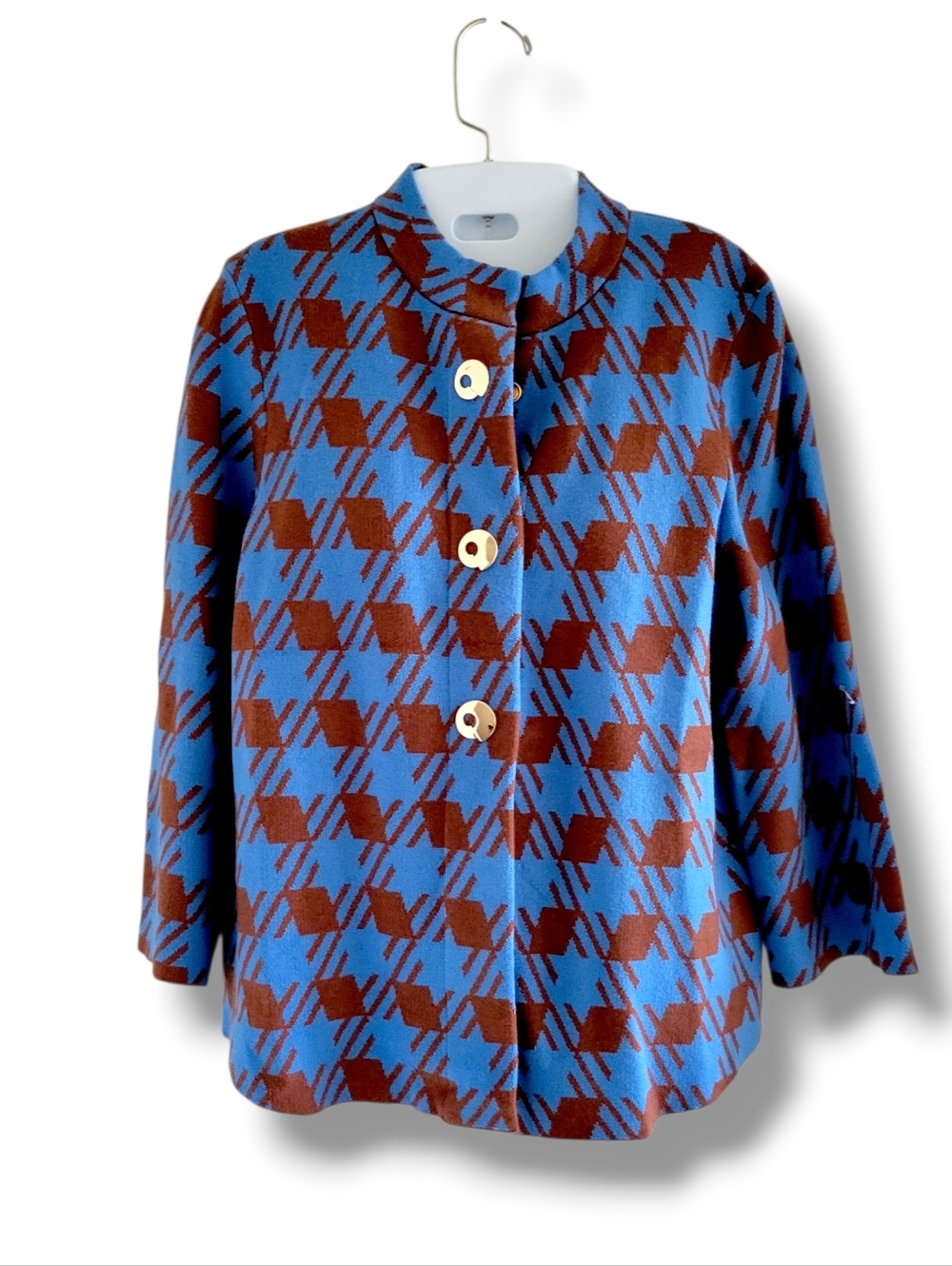 Alison Sheri | NWT Blue/Brown Houndstooth 3/4 Sleeve Cardigan (SIZE S)